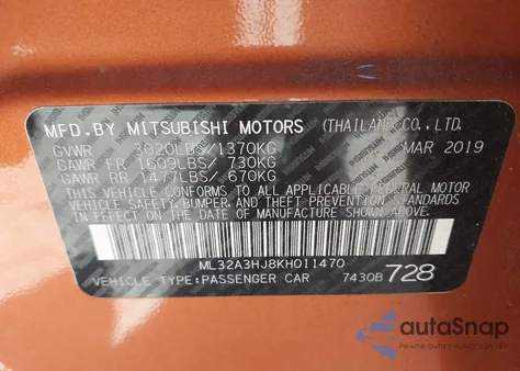2019 Mitsubishi Mirage Es z USA, uszkodzony, nr VIN ML32A3HJ8KH011470